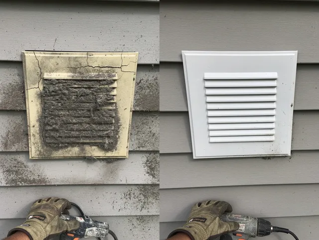 East San Gabriel Dryer Vent Cleaning technician installing high-quality dryer vent cover at a residential property in East San Gabriel