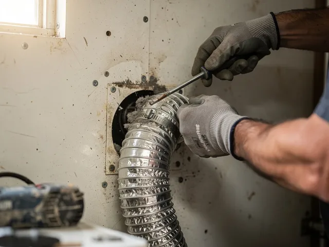 East San Gabriel Dryer Vent Cleaning technician performing precise dryer vent hose installation in East San Gabriel
